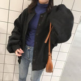 MISSKY Women Coat Solid Color Loose Crew-Neck Button Fleece Lined Long-Sleeved Casual Jacket Female Tops for Winter Autumn