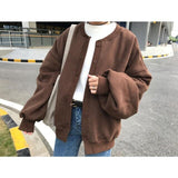 MISSKY Women Coat Solid Color Loose Crew-Neck Button Fleece Lined Long-Sleeved Casual Jacket Female Tops for Winter Autumn