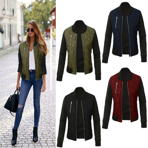Oufisun women casual Autumn Winter Fashion Solid Jacket O-neck Zipper Stitching Quilted Bomber jackets 2019 Female jackte Coats