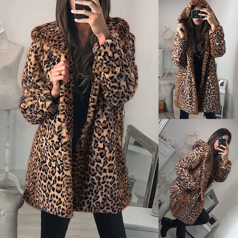 Leopard Teddy Coat Womens Ladies Winter Warm Faux Fur Coat Jacket Leopard Hooded Outerwear Chaquetas Mujer 2019#G2