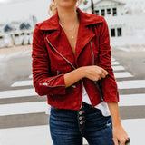 Womens Faux Suede Short Velvet Jacket Moto Biker Zip Up Slim Jackets Motorcycle Polyurethane Leather Lapel Coats Winter Outwear