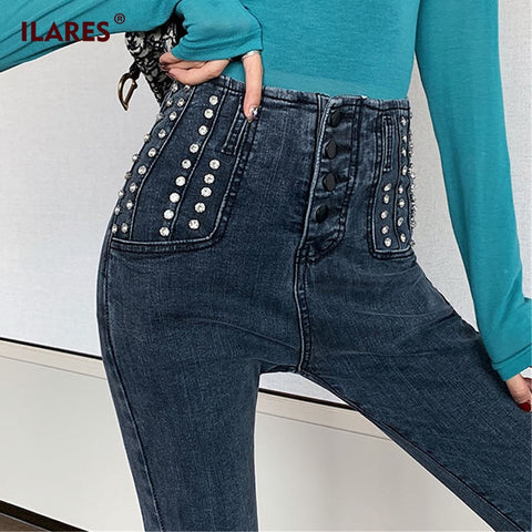 ILARES New Women jeans Skinny Mom Buttons Blue Elastic Denim Pants  high waist jeans Heavy Rivet Winter jeans women Pencil Pants
